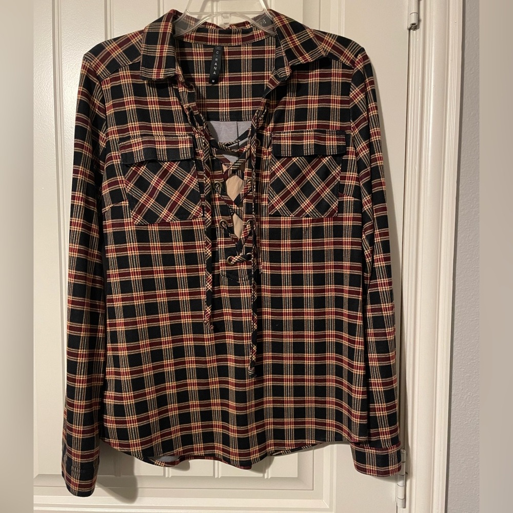 Plaid ladies shirt with lace up detail at neck